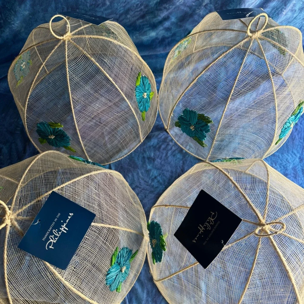 Handcrafted Philippines Mesh Food Covers 4pc Blue Floral Woven Sinamay Albaca